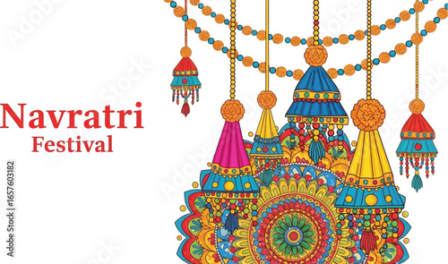 Colorful illustration of navratri festival decorations, featuring traditional indian ornaments and mandala patterns