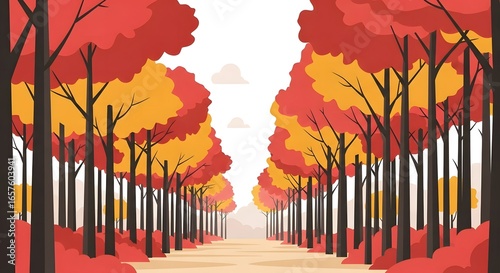 Minimalist autumn forest path lined with red and golden trees, flat vector design