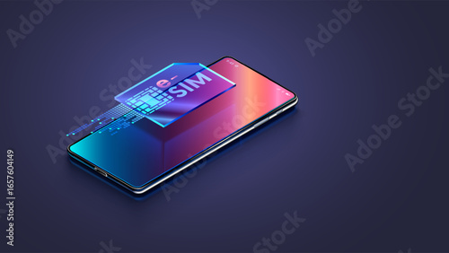 Esim icon over mobile phone in 3d isometric. digital virtual electronic sim card over screen of modern smart phone. Esim technology concept.