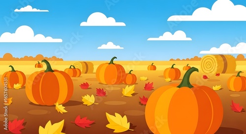 Autumn pumpkins and leaves decorating a festive fall harvest landscape