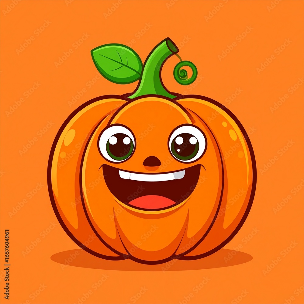 Fototapeta premium A cheerful, cartoon pumpkin with large eyes and a wide smile stands out against a vibrant orange background.