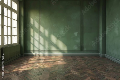 A sunlit, empty room with sage green walls and a herringbone wooden floor evokes a sense of peaceful tranquility.
