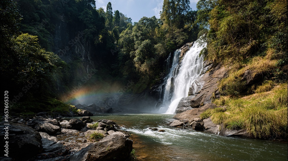 Obraz premium Majestic waterfall cascading down rocky cliff face with rainbow shimmering in mist