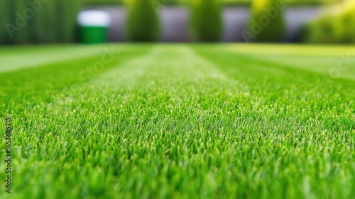 Freshly Mowed Lawn Close up of a freshly mowed lawn with sharp, clean lines, vibrant green grass blades, perfect for lawn care or landscaping themes