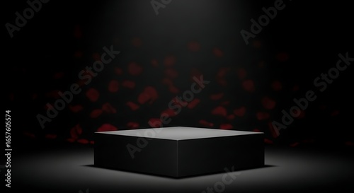 Dark Minimalist Black Square Podium with Floating Red Rose Petals and Spotlight
