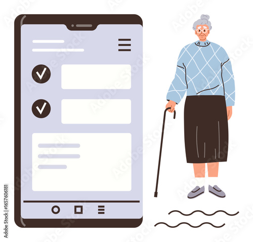 Elderly woman with cane beside smartphone screen displaying app interface for task management. Ideal for technology adoption, aging population, digital tools, accessibility, self-organization