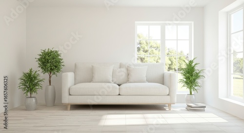 Minimalist interior featuring a white sofa two potted plants a bright window and a pile of books all set against white walls