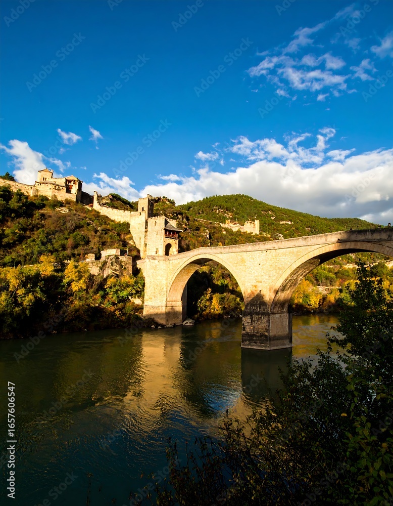 Fototapeta premium Ancient Stone Bridge River Valley Autumn Sun
