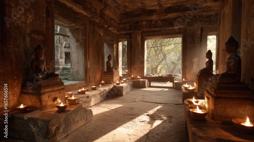 Ancient temple interior with stone statues and natural sunlight streaming in through windows.