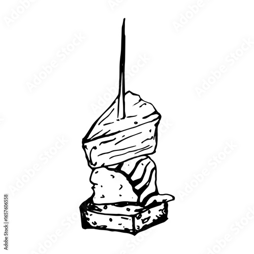 Vector isolated image of a canape, a small sandwich with a piece of pineapple, crab stick, cheese, on skewer. Appetizer for alcohol. Single black and white sketch on a white background.