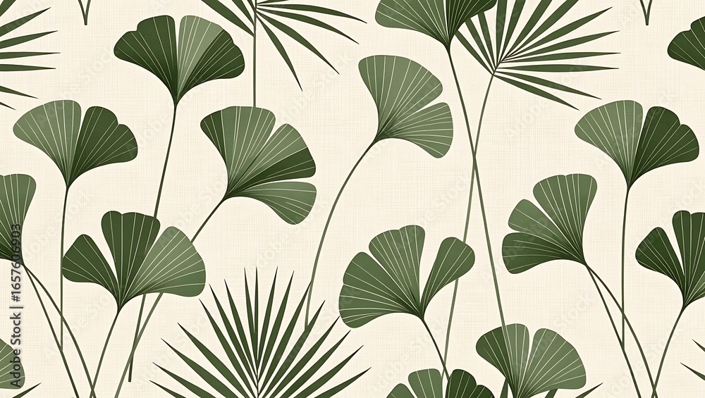 Fototapeta premium Ai generated image of green ginkgo leaf and palm frond pattern on textured background