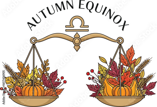 Autumn equinox illustration with pumpkins, leaves, and scales, celebrating the fall season and harvest time