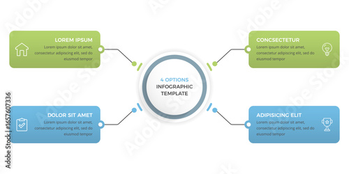 Modern business infographic template with central circle and four colorful connected option boxes, vector eps10 illustration