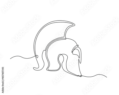 Spartan warior helment outline drawing illustration. one continuous line drawing of roman knight headgear