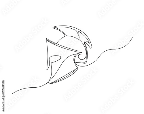 Spartan warior helment outline drawing illustration. one continuous line drawing of roman knight headgear