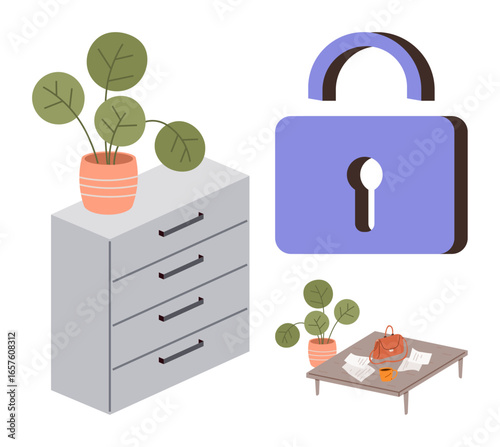 Lock with keyhole emphasizes security, cabinet represents organization, table includes cup, books, bag, and plant. Ideal for workplace safety, organization, productivity digital security business
