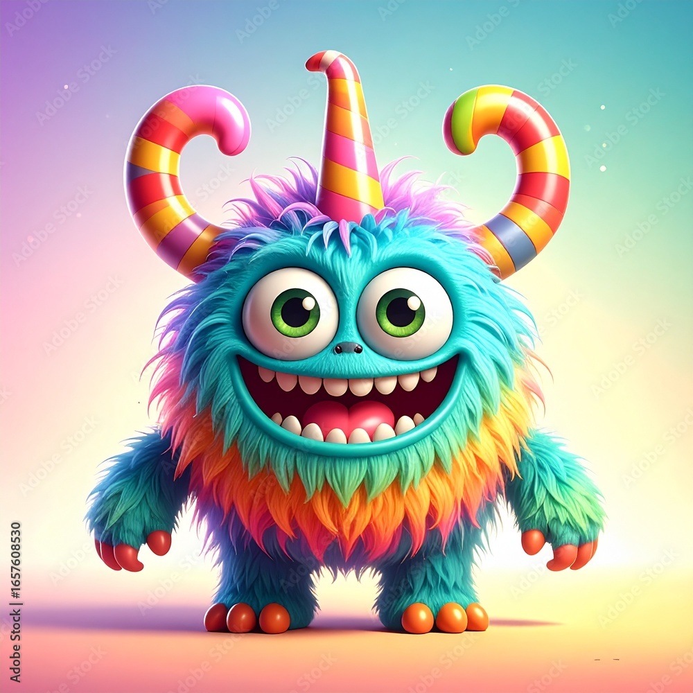 Naklejka premium A cheerful, colorful monster, adorned with candy-striped horns, displays a joyful expression in a vibrant digital illustration.