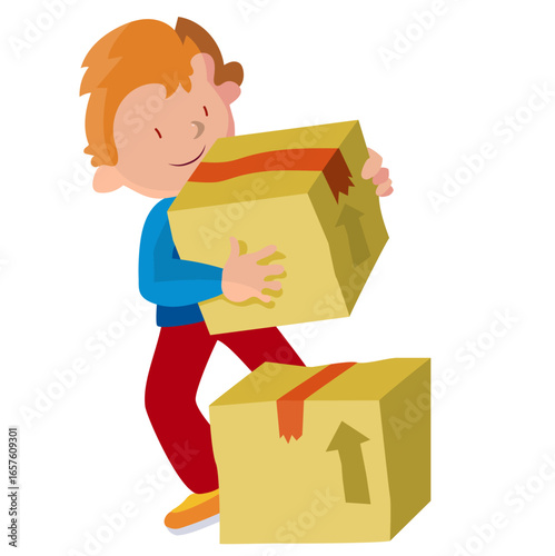 Smiling child holding cardboard shipping box, courier delivery alike, logistics, moving, e-commerce, family relocation and online shopping concept