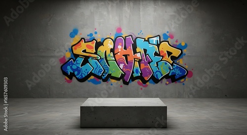 Colorful Graffiti Art on Concrete Wall with Urban Podium. Modern Street Art Background