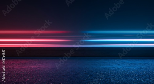 Futuristic Street with Red and Blue Neon Light Trails, Modern Urban Night Background