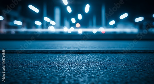 Urban Night Street with Blue Bokeh Lights, Modern City Abstract Background