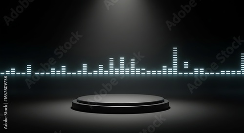 Futuristic Podium with Glowing Audio Equalizer Bars, Modern Stage for Music and Technology Concepts