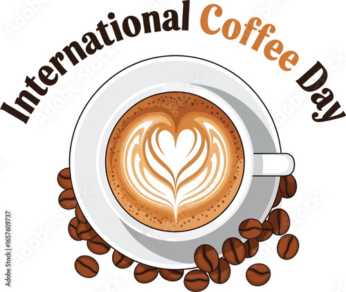 International coffee day illustration with a cup of coffee and beans, celebrating the popular beverage