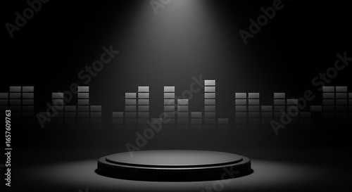 Modern Black Podium with Audio Equalizer Bars, Futuristic Stage for Music and Technology Concepts