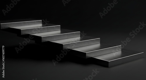 Modern Metallic Staircase on Black Background, Minimalist 3D Steps for Architecture and Design
