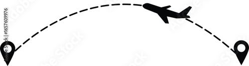 An airplane on a dotted path with two location indicators, representing a journey or travel