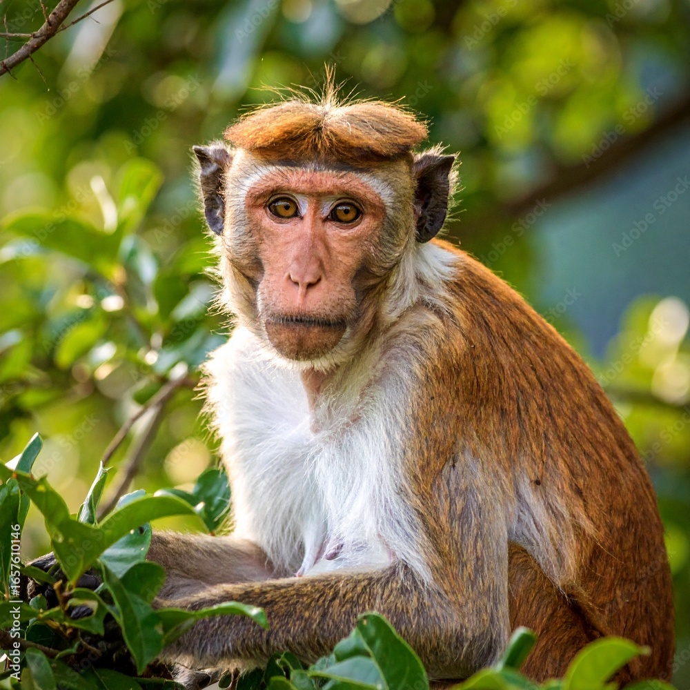 Obraz premium Curious firefly monkey perched on a vibrant green tree branch in a lush forest habitat
