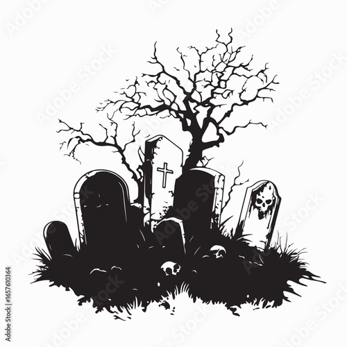 Vector Logo of Haunted Cemetery Gravestones in Dark Horror Style Illustration