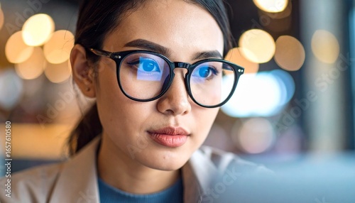 Close-up of a young Asian woman wearing glasses, looking intently at a computer screen with blurred lights in the background.