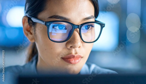 Close-up of a young Asian woman wearing glasses, looking at a computer screen with a focused and determined expression.