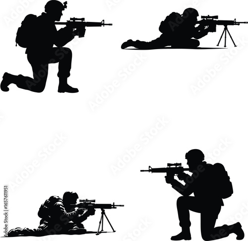 Veterans day Set of Soldier Silhouettes in Various Combat Firing Poses,  vector, illustration, line art.