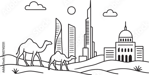 skyline of UAE desert with camels and modern towers