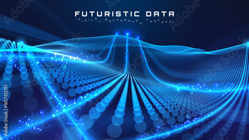 Futuristic background with blue particle glow wave elements and line neon motion. Digital network technology and data flow design. Vector illustration.