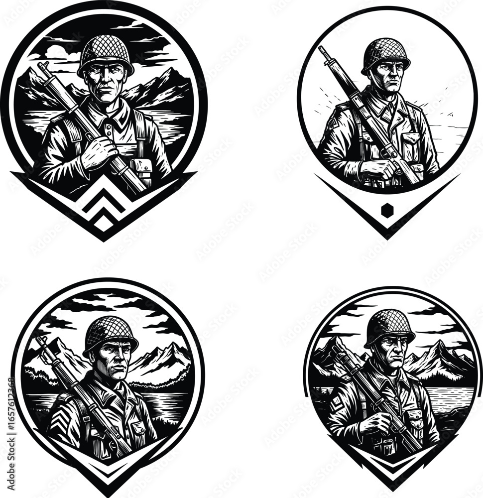 Obraz premium Veterans day WWII-Style Soldier with Rifle Vector Badge over Mountain Lake, illustration, silhouette, line art.