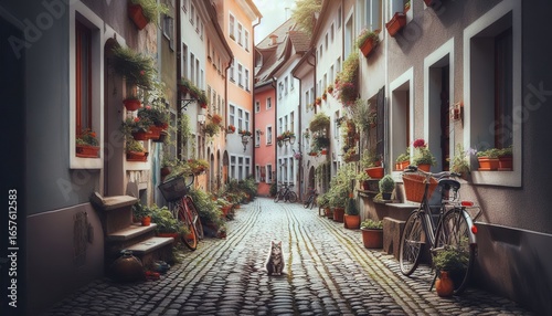 Fototapeta Naklejka Na Ścianę i Meble -  Narrow street in venice alone cat photography old buildings