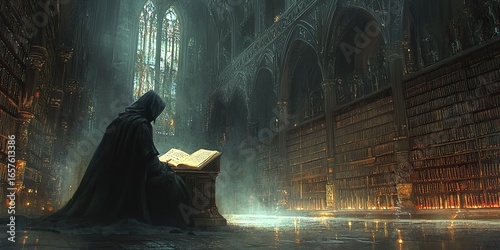 Bearded man wearing dark robe reading old large book inside grand library with wooden shelves and stained glass windows in background. Generative by AI.