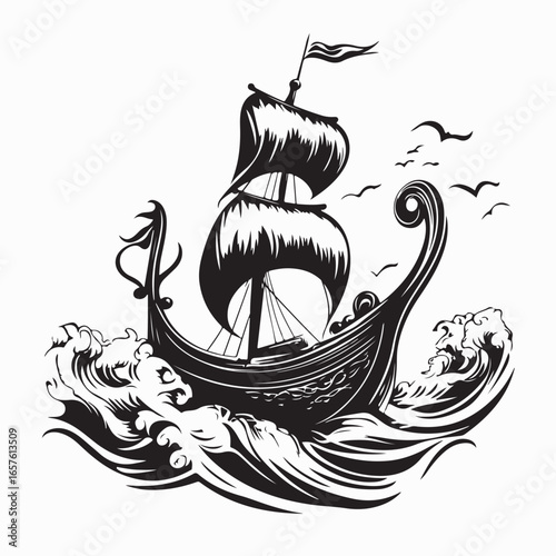 Viking Ship in the Middle of the Ocean During a Storm Vector Illustration