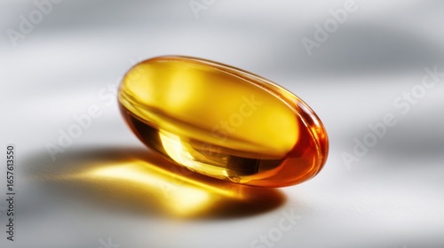 Close-up of a glossy golden amber capsule supplement reflecting light on a smooth surface.