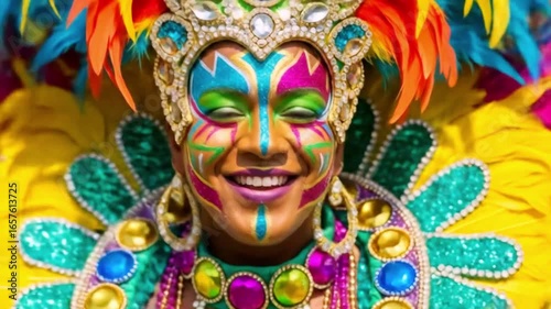 Vibrant Carnival Costume Portrait at West Indian Day Parade in Brooklyn New York : Colorful carnival costume with glittering gems, feathers, and face paint celebrating Caribbean culture