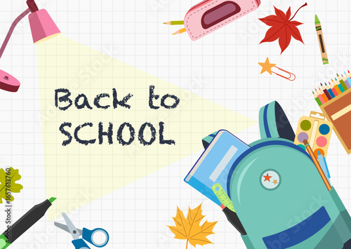 Back to school banner with backpack, lamp and stationery on grid paper. For posters, classroom materials, schedules, newsletters and web banners.