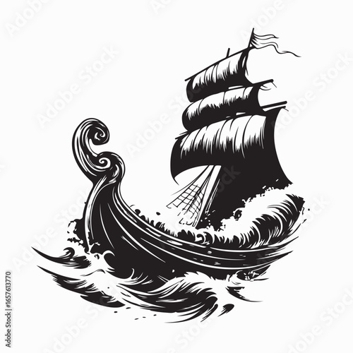 Viking Ship in the Middle of the Ocean During a Storm Vector Illustration