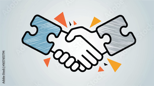 A 3D illustration of a handshake agreement concept made from white puzzle pieces. 