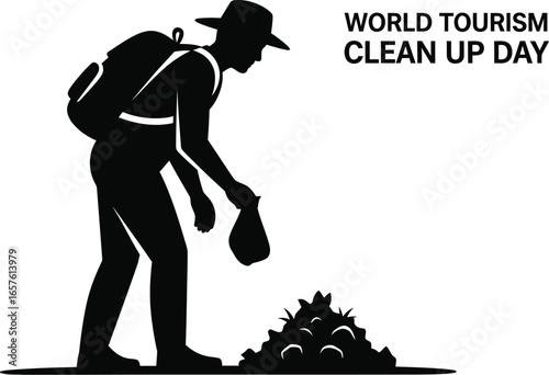 Silhouette illustration of a man cleaning up trash for world tourism clean up day