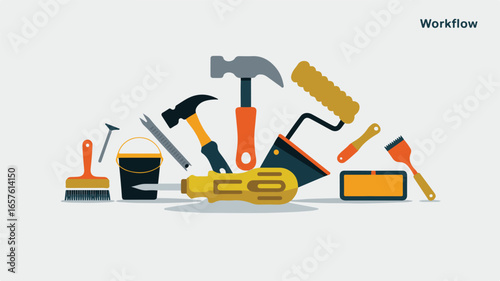 Assortment of Painting and Repair Tools with a Screwdriver and Paint Bucket hammer paint roller