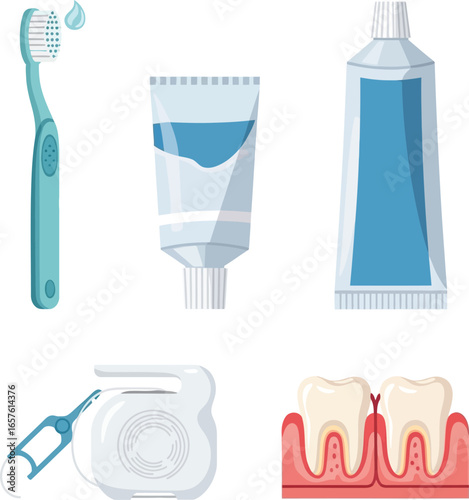 Illustration showcasing dental hygiene tools including toothbrush, toothpaste, and dental floss.