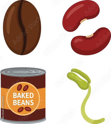 A collection of illustrated food items, including a coffee bean, red beans, a can of baked beans, and a sprout.
